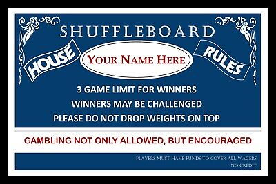PERSONALIZED TABLE SHUFFLEBOARD HOUSE RULES POSTER -FRAMED - GAMBLING ENCOURAGED