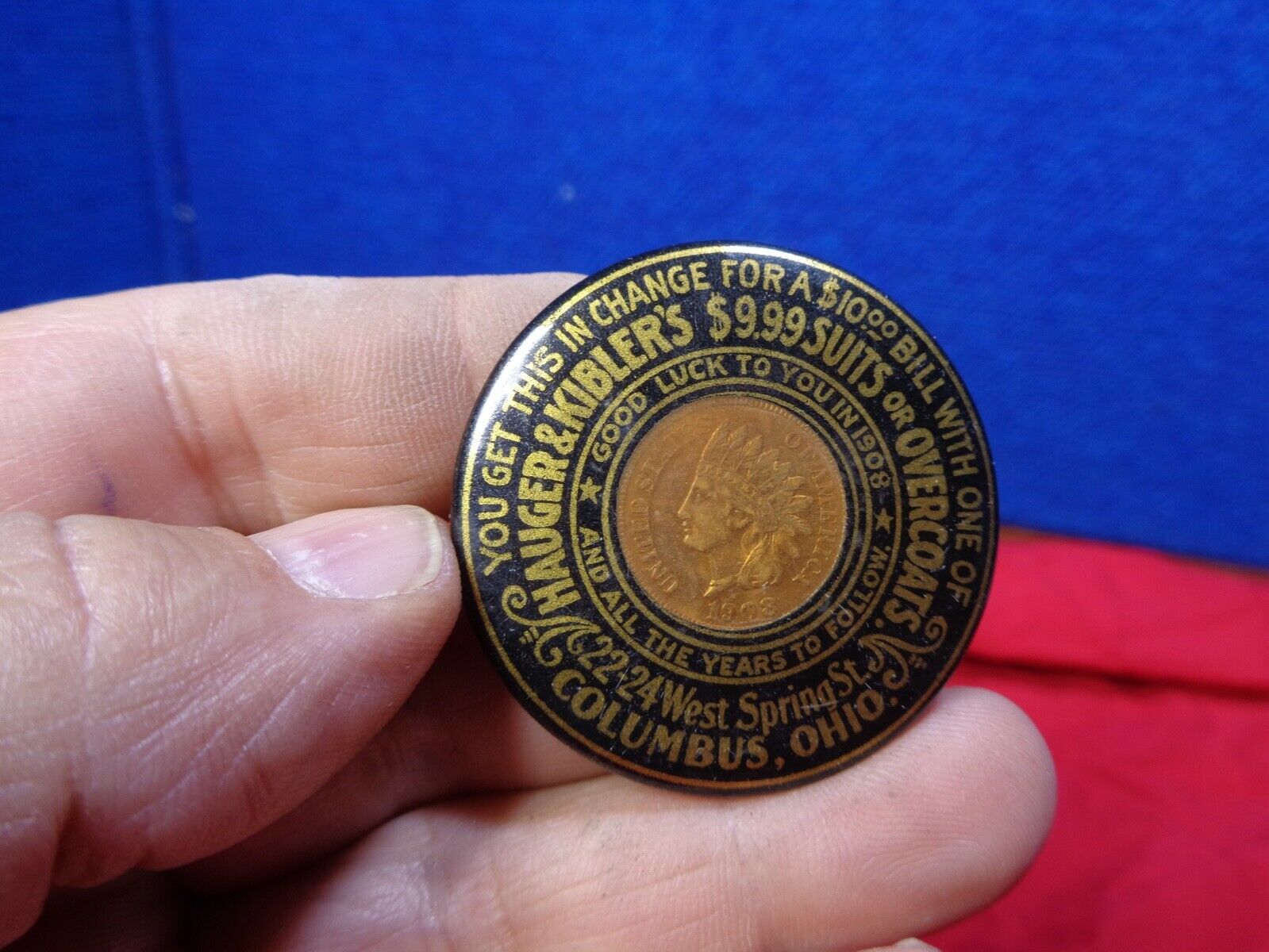 ENCASED INDIAN HEAD PENNY 1908 ADVERTISING CELLULOID POCKET MIRROR GOOD LUCK