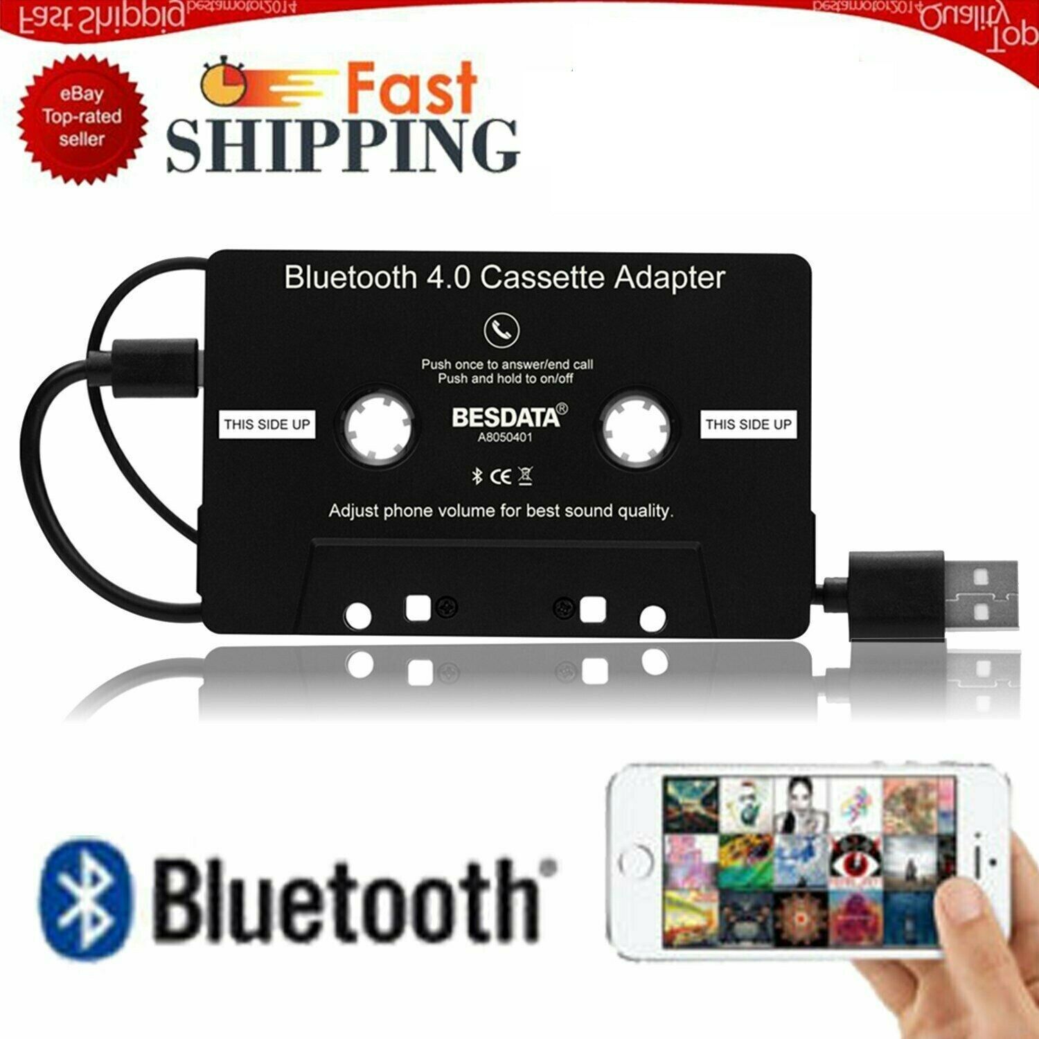 Black Car Audio Bluetooth 4.0 Cassette Music Adapter AUX CD Tape Converter USA N
