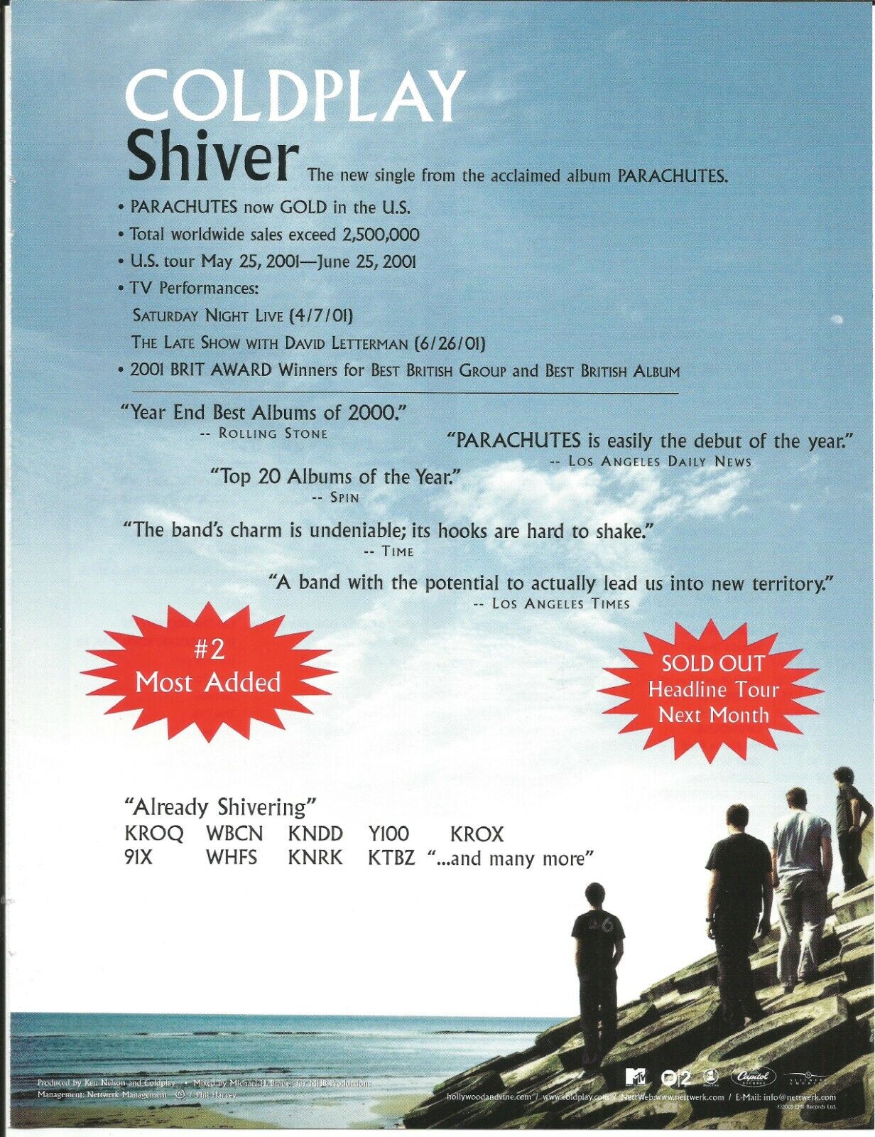 COLDPLAY Rare VINTAGE Shiver 2001 PROMO TRADE AD Poster for Parachutes CD MINT