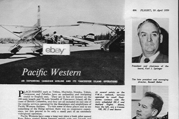 PACIFIC WESTERN CANADA  4-10-1959 2 PG FLIGHT MAGAZINE ARTICLE DC-4 BARCLAY GROW