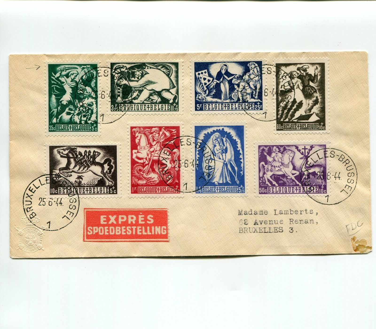 Belgium 1944 Crucifix Dragon Express Semi Postal First Day Cover