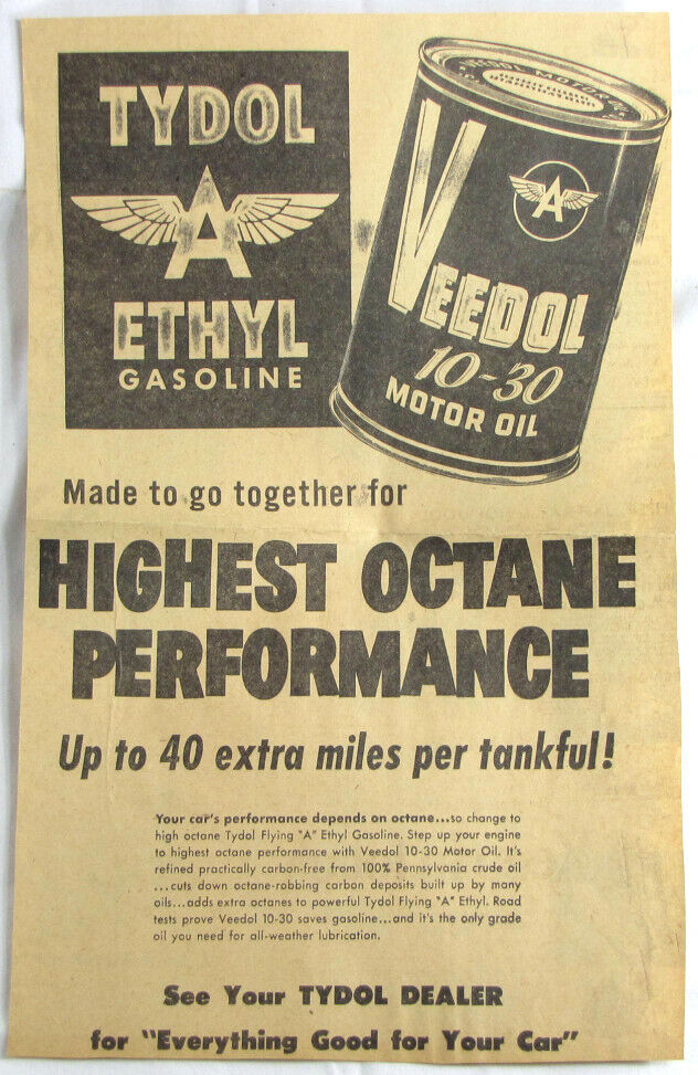 Vintage 1954 Tydol & Veedol Gas Gasoline Oil Newspaper Print Ad