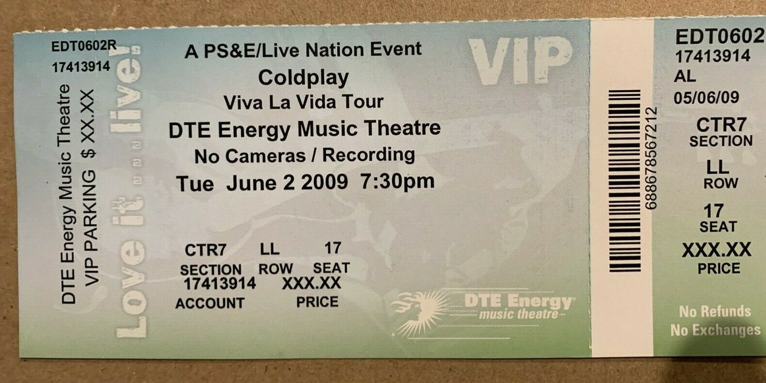 Coldplay Ticket Viva La Vida Tour Ticket 06/02/09 Detroit