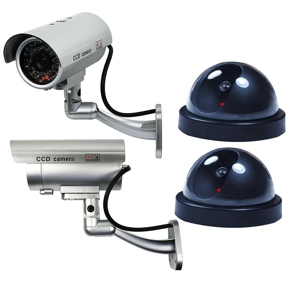 4 Pack Dummy Bullet Dome Surveillance Security Camera Combo - LED Record Light