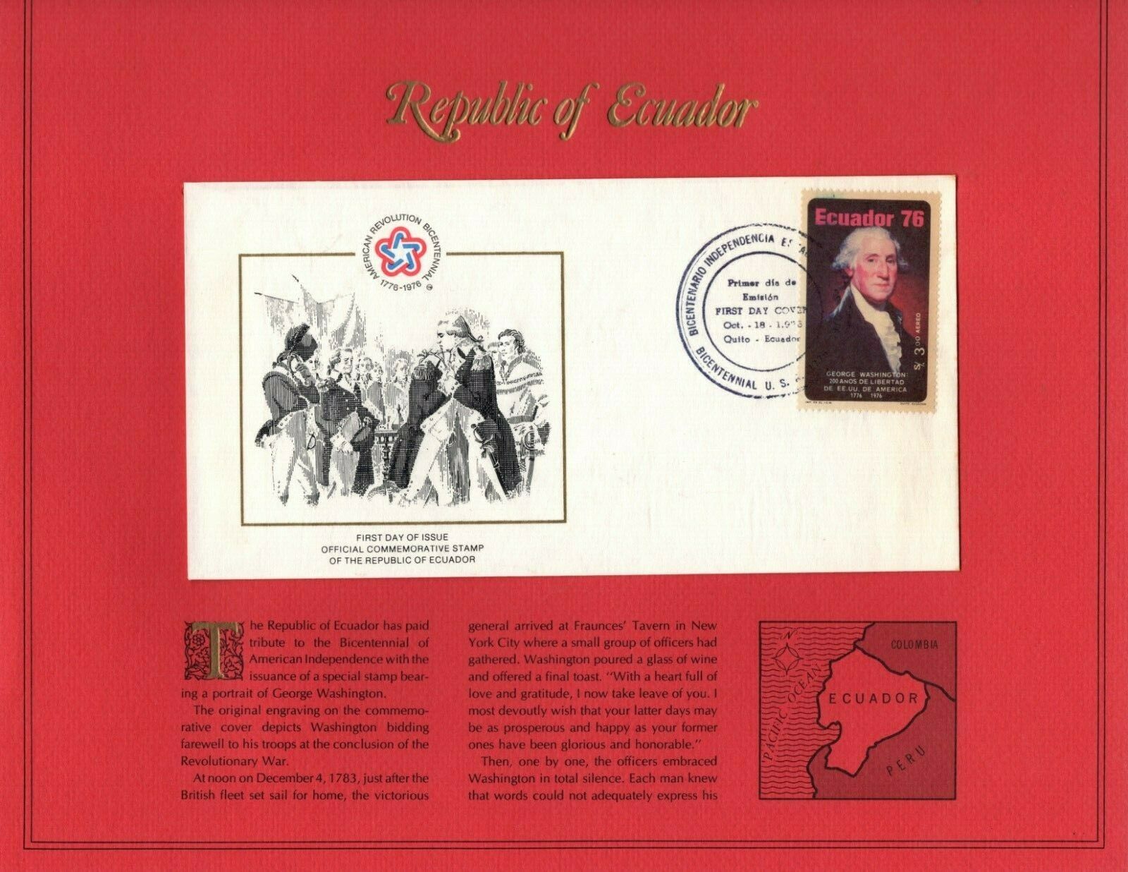 1976 American Revolution Bicentennial First Day Cover W/coa: Republic Of Ecuador