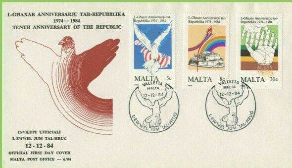 Malta Dove Of Peace 10th Anniversary Of The Republic Set 1984  Fdc Vf Unaddr