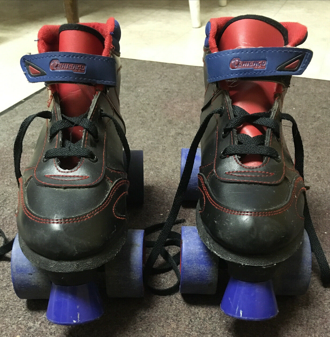 Vintage 80’s Chicago Black Red Blue Youth Children’s 3 Quad Roller Skates Boot