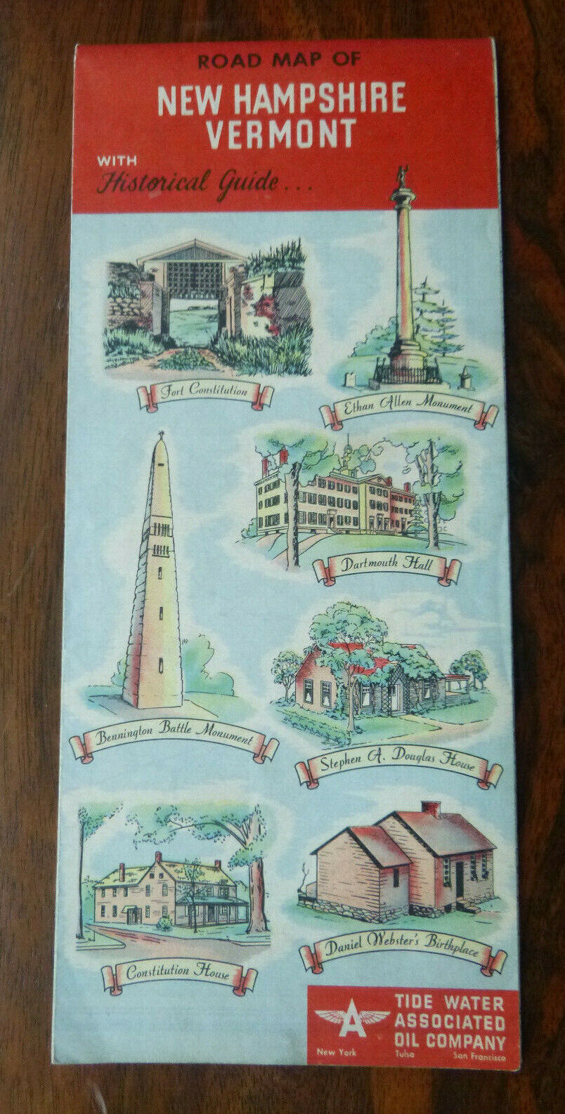 1952 New Hampshire Vermont Road Map Tydol Flying A Oil Gas Pictorial