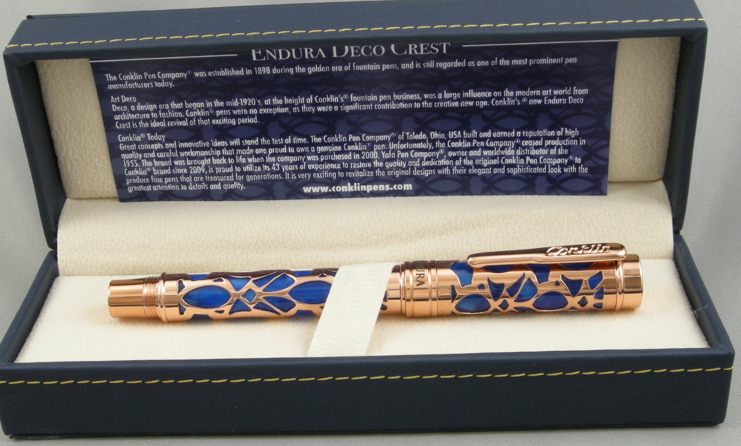 Conklin Endura Deco Crest Blue & Rose Gold Fountain Pen - New! - Fine Nib