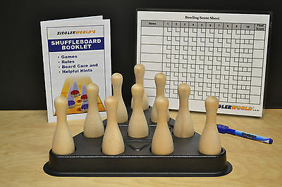Shuffleboard Table Bowling Brown Pins + Regulation Pinsetter Rack +chart+rules!