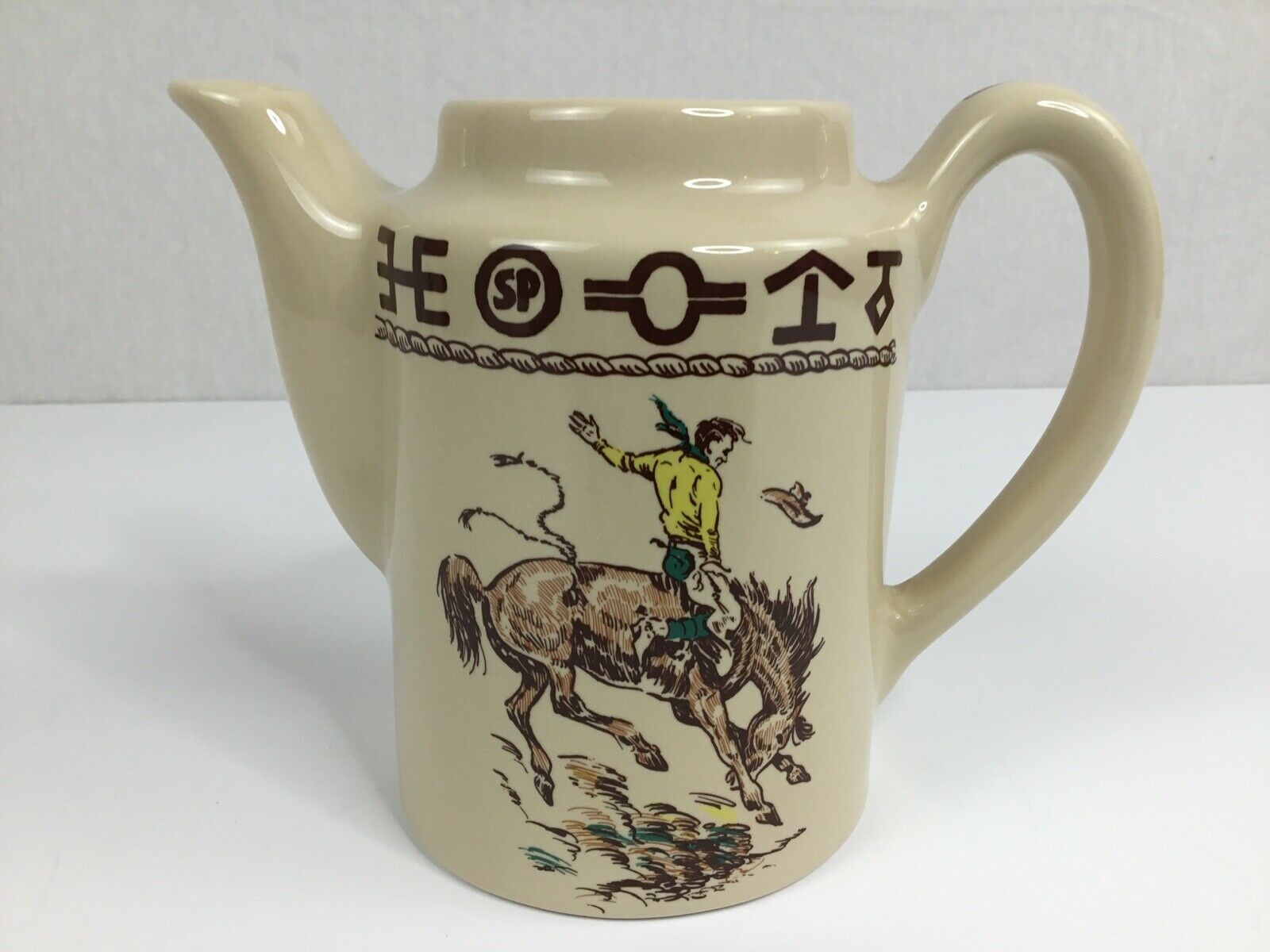 True West Westward Ho Rodeo Pattern 6" Coffee Teapot Comanche, Tx 1991 - No Lid