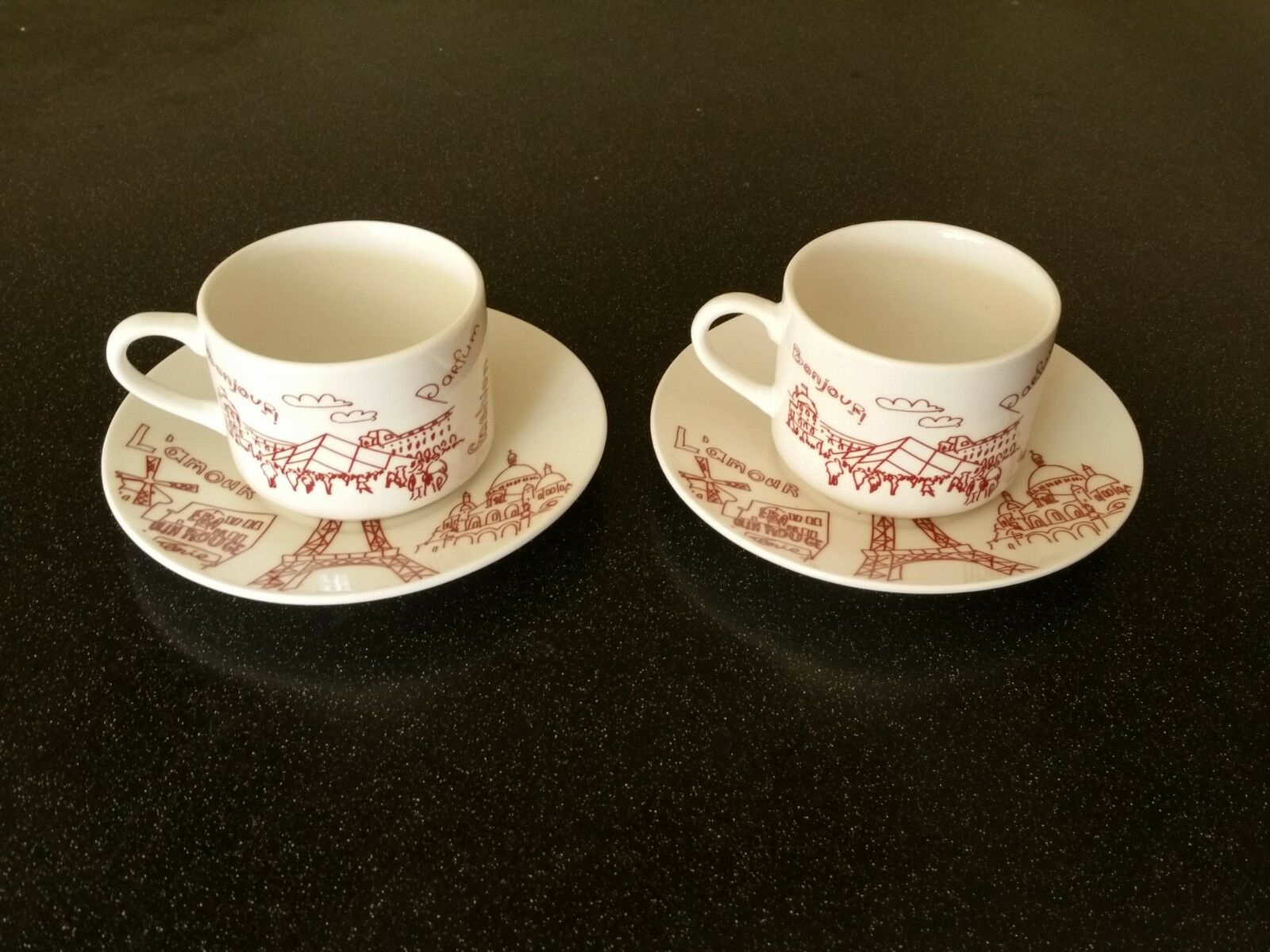 Vintage PARIS FRANCE EIFFEL TOWER MOULIN ROUGE METRO CAFE COFFEE CUPS &SAUCERS