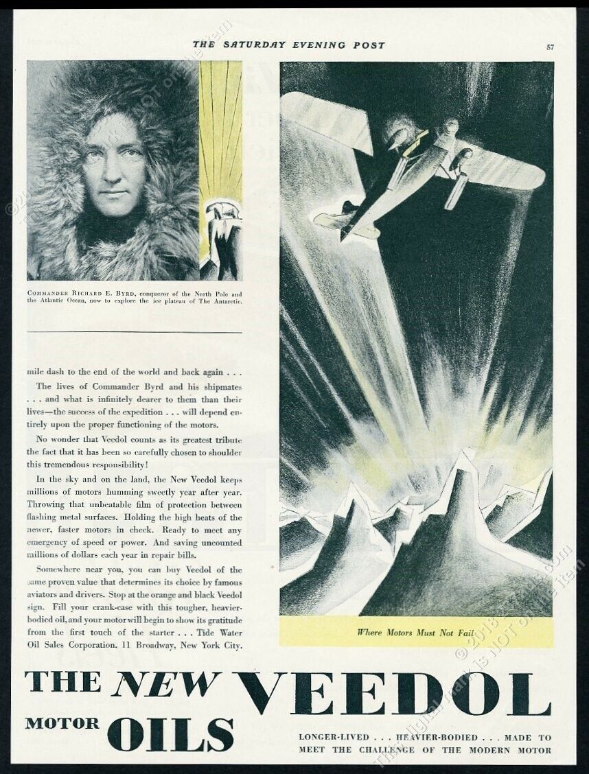 1928 Richard E Byrd Photo Antarctica Plane Art Veedol Oil Vintage Print Ad