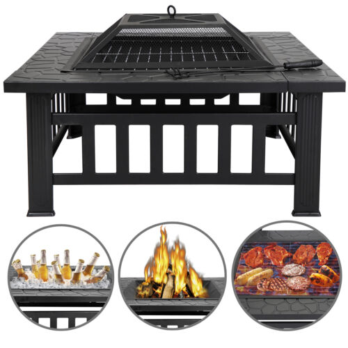 32" Square Metal Firepit Backyard Patio Garden Stove Fire Pit W/cover Outdoor