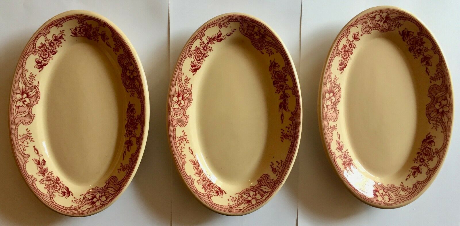 3 Rare Vintage Wellsville China Restaurant Ware Majestic Red San-tan Oval Plates