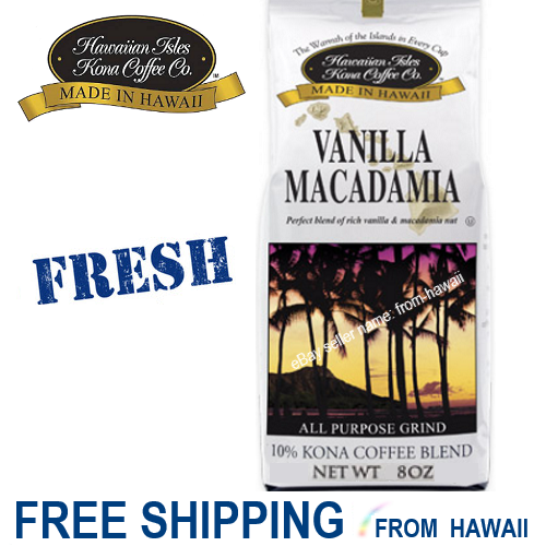 Hawaiian Isles Coffee - Vanilla Macadamia Nut - 8oz Ground 10% Kona Blend Grind
