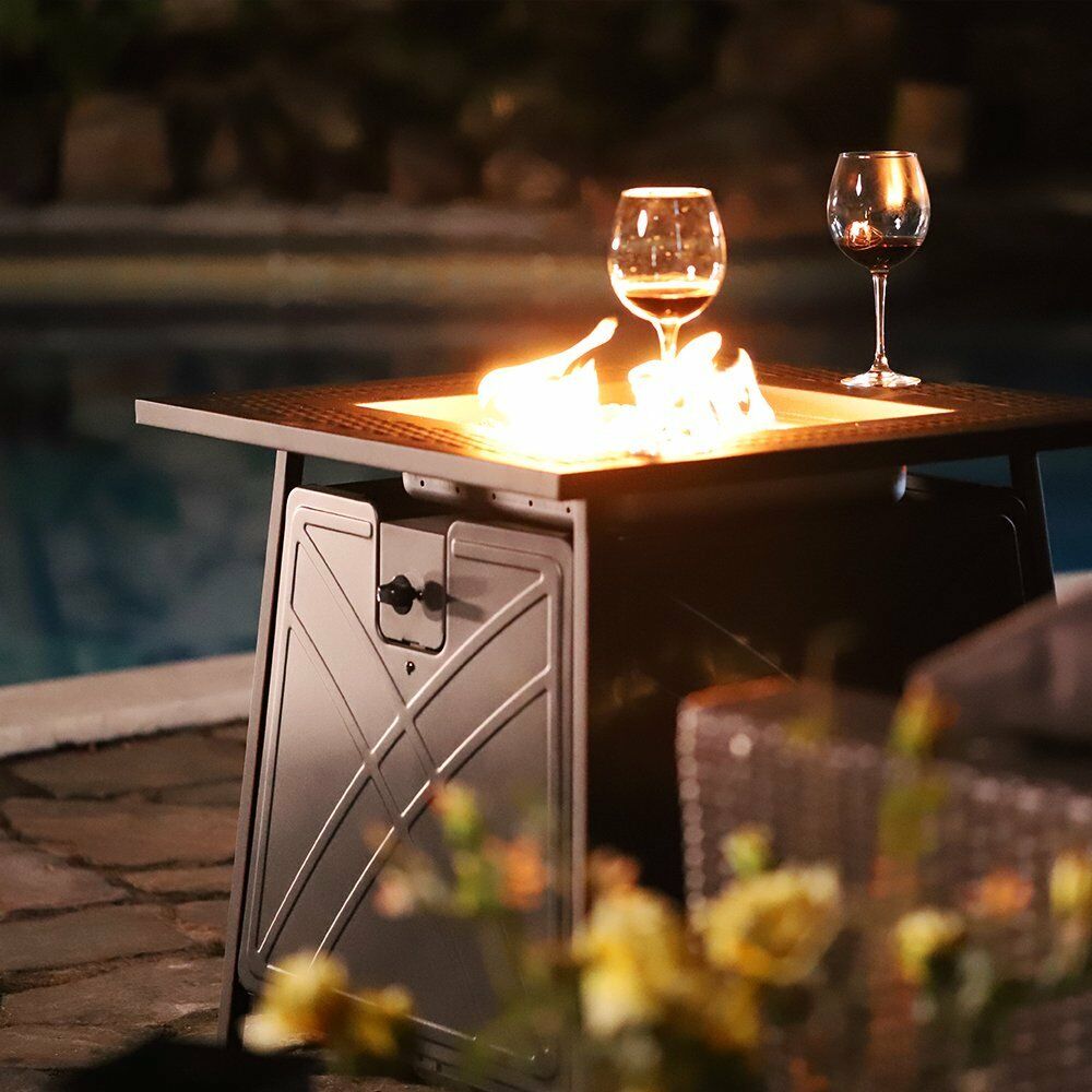 28"outdoor Propane Fire Pit Patio Heater Gas Table Square Fireplace Blue Glass